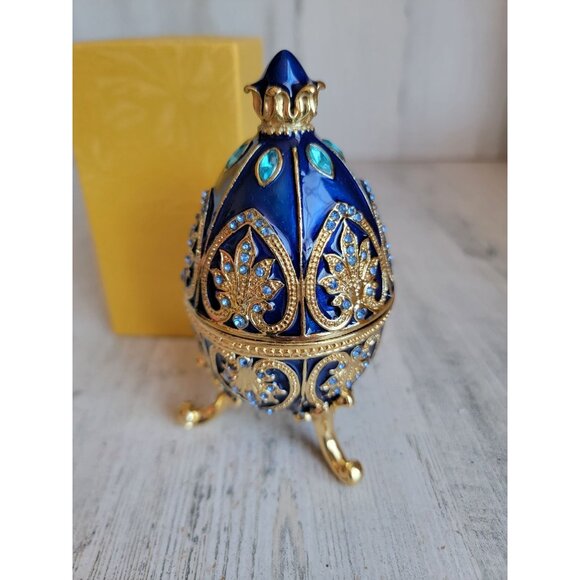 Dark blue enameled egg trinket box rhinestone Easter home decor - Picture 1 of 9